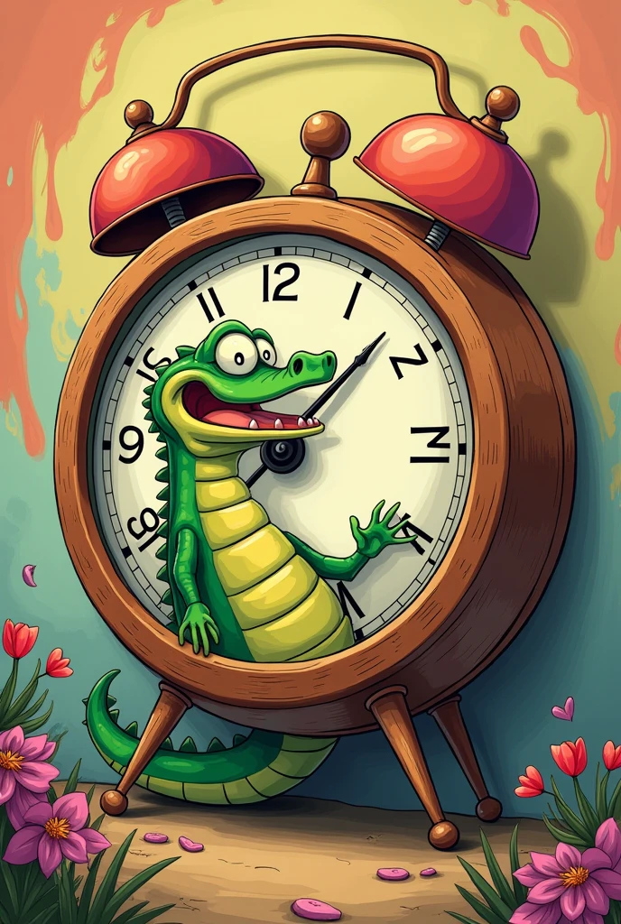 Cartoon of a clock with a crocodile inside simulating the hands of the clock