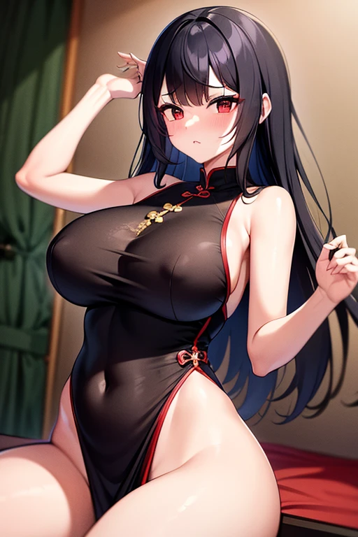 high resolution, turn to face the front, black hair, qipao, big breasts, getting red in the face, lewd, lewd crest, formal crouch performed at the beginning of a sumo or kendo match