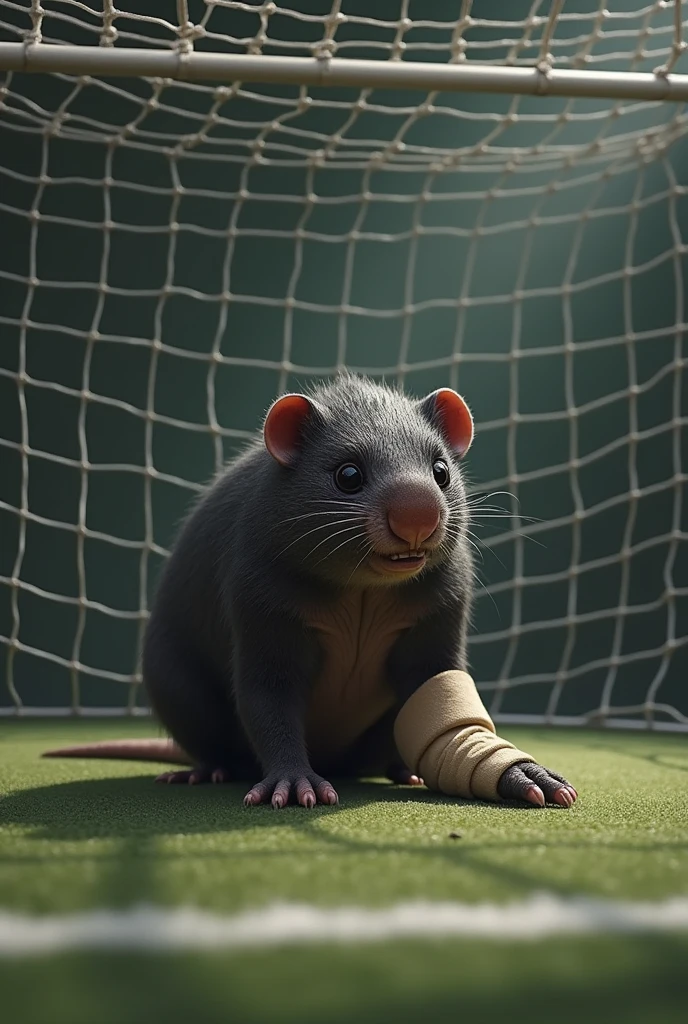 a very ugly mole (talpidae) with the lower foot broken and in a cast,very sad inside a futsal goal