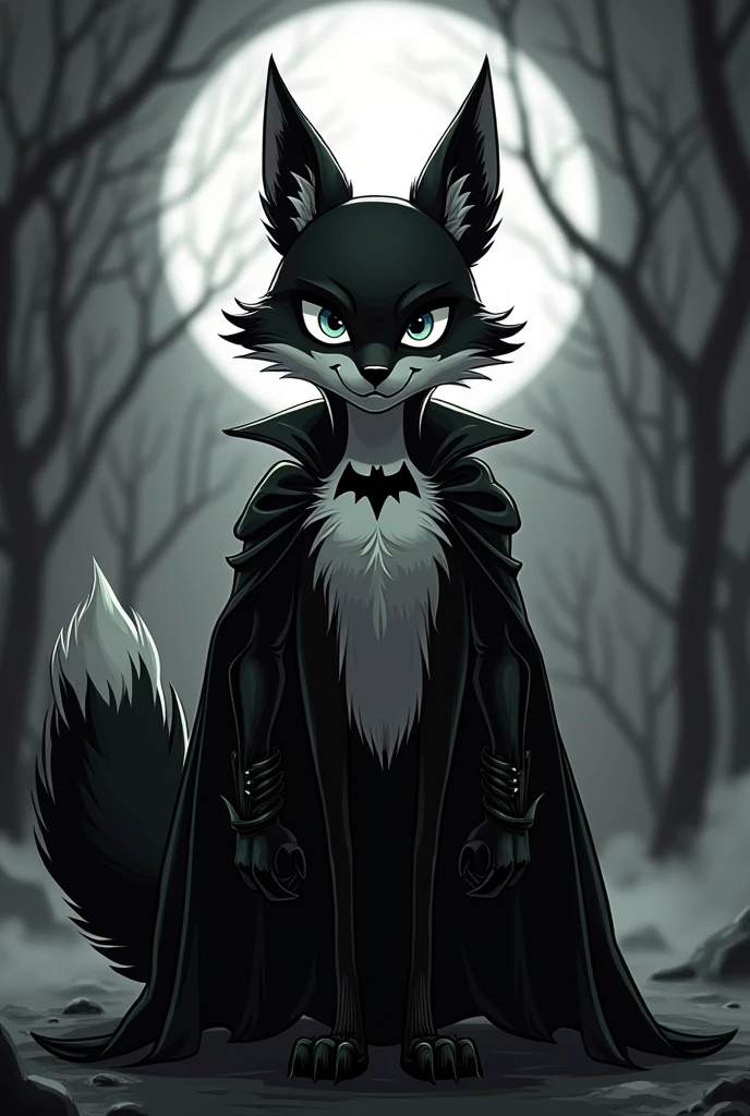 "I want a representation of a fox in the form of a cartoon, designed in black and white. It should feature details similar to the Batman character, embodying a charismatic, iconic, imposing, symbolic, and attractive presence. The design should use gothic colors and characteristics typical of gothic animated styles, with the fox rendered in rich detail and strong, bold colors."