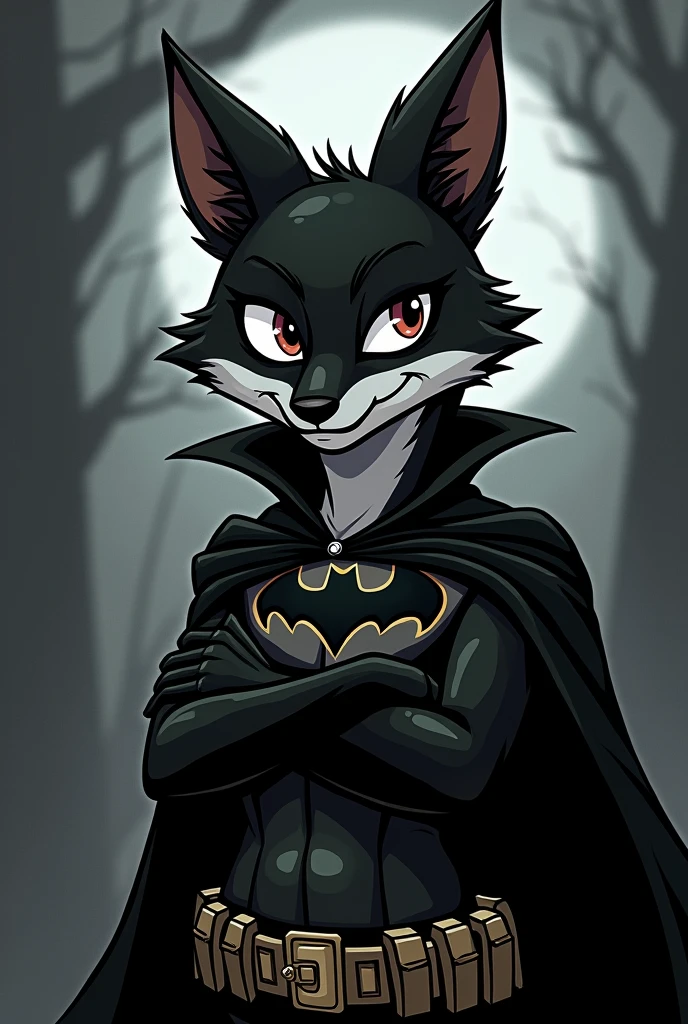 

"I want a representation of a fox in the form of a cartoon, designed in black and white. It should feature details similar to the Batman character, embodying a charismatic, iconic, imposing, symbolic, and attractive presence. The design should use gothic colors and characteristics typical of gothic animated styles, with the fox rendered in rich detail and strong, bold colors."