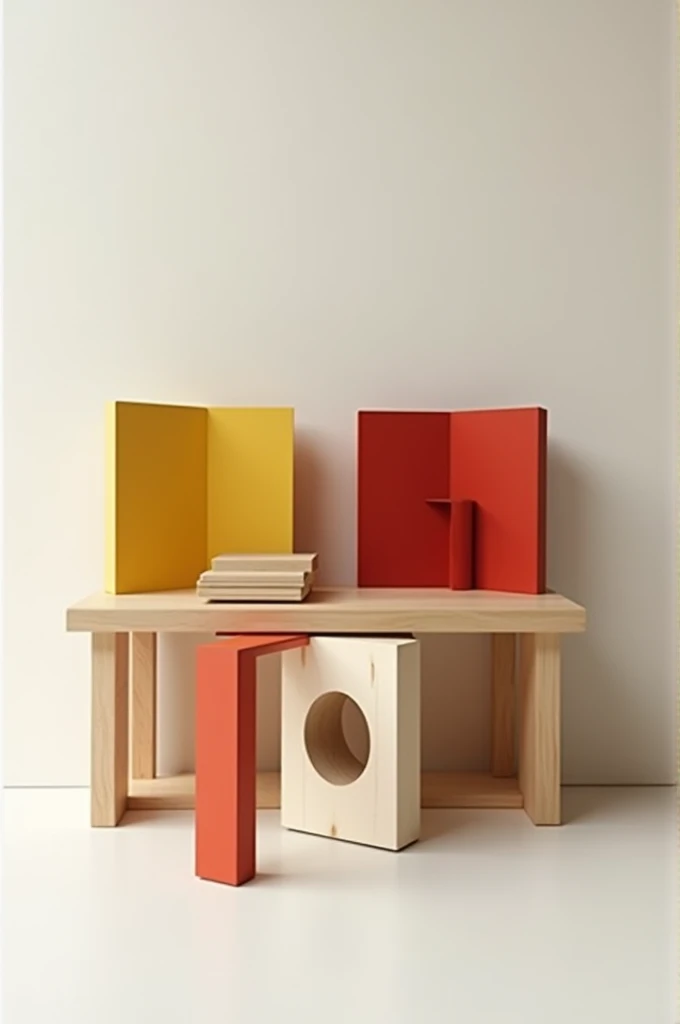Create a minimalist wooden piece of furniture based on the aesthetics of the artist De Stijil 