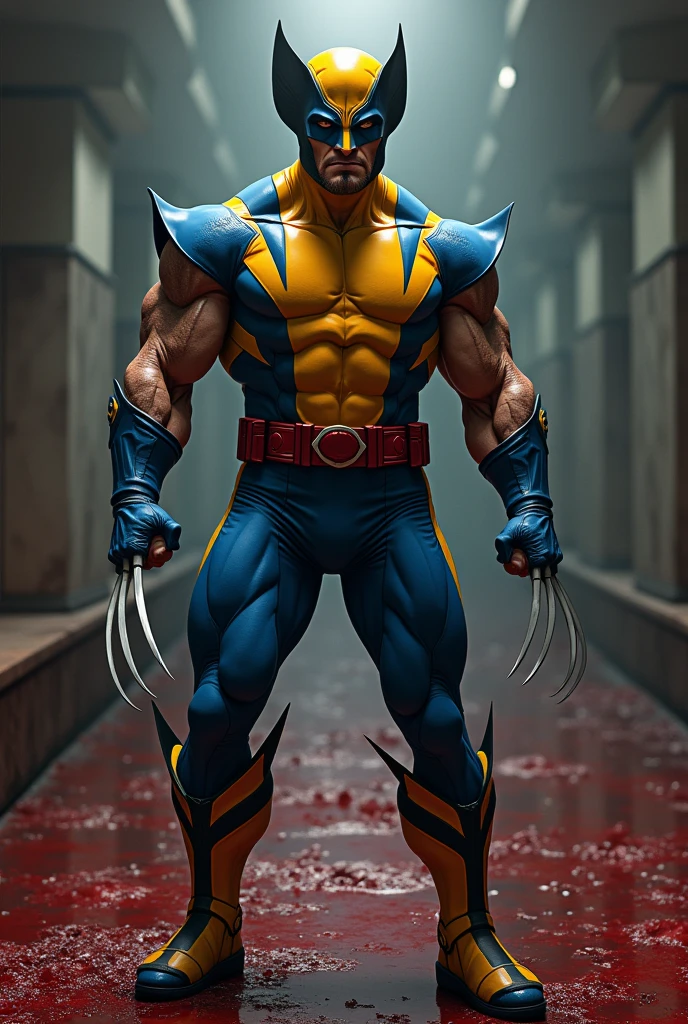 detailed anime wolverine from marvel,1man,classic blue and yellow suit,blood covered floor and clothes,highly detailed,realistic,cinematic lighting,dynamic pose,intense expression,sharp claws,muscular body,dramatic shadows,vivid colors,digital art,concept art style,hyper detailed,masterpiece,best quality,8k,photorealistic
