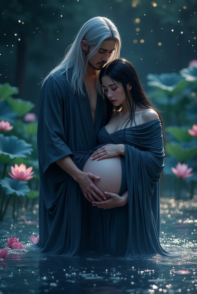 Mysterious night scene, a tall, flowing man with long silver hair carefully lowers a delicate woman with long black hair into the water. The man stands behind the woman, gently holding her large pregnant belly with his hands. The woman's lower body is immersed in the shallow, glittering pond, while her upper body rests on the man's chest. She is wrapped in a flowing dark blue cloth, exposing her abdomen. The woman looks very painful, exhausted and weak, she is crying and shedding tears, her hair and clothes are soaked, the lotus flowers blooming in the water and the dark starry sky enhance the serene, otherworldly environment, with soft magic lights and star-shaped particles floating in the sky. The man's expression is calm and protective as he holds the woman, creating a dreamy and charming atmosphere with a realistic photography style.