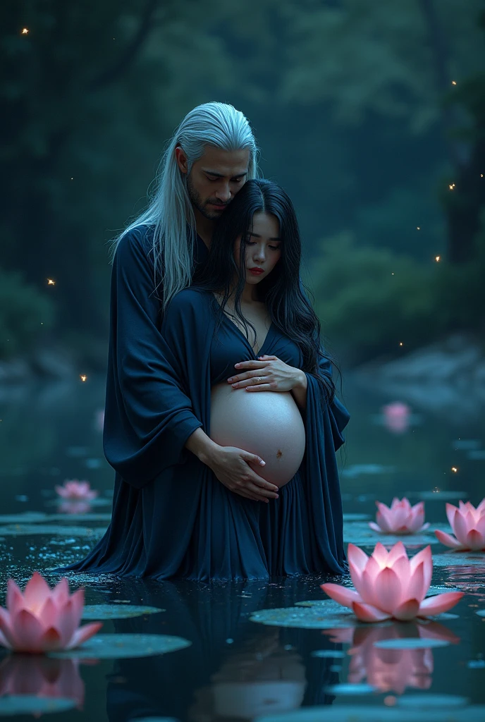 Mysterious night scene, a tall, flowing man with long silver hair carefully lowers a delicate woman with long black hair into the water. The man stands behind the woman, gently holding her large pregnant belly with his hands. The woman's lower body is immersed in the shallow, glittering pond, while her upper body rests on the man's chest. She is wrapped in a flowing dark blue cloth, exposing her abdomen. The woman looks very painful, exhausted and weak, she is crying and shedding tears, her hair and clothes are soaked, the lotus flowers blooming in the water and the dark starry sky enhance the serene, otherworldly environment, with soft magic lights and star-shaped particles floating in the sky. The man's expression is calm and protective as he holds the woman, creating a dreamy and charming atmosphere with a realistic photography style.