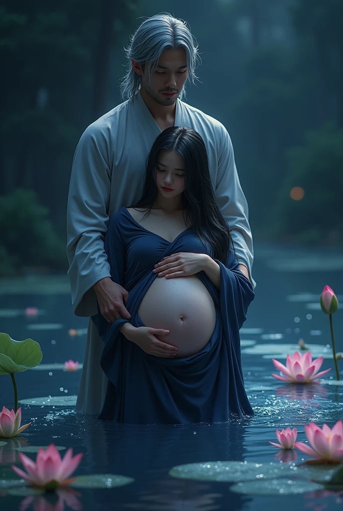 Mysterious night scene, a tall, flowing man with long silver hair carefully lowers a delicate woman with long black hair into the water. The man stands behind the woman, gently holding her large pregnant belly with his hands. The woman's lower body is immersed in the shallow, glittering pond, while her upper body rests on the man's chest. She is wrapped in a flowing dark blue cloth, exposing her abdomen. The woman looks very painful, exhausted and weak, she is crying and shedding tears, her hair and clothes are soaked, the lotus flowers blooming in the water and the dark starry sky enhance the serene, otherworldly environment, with soft magic lights and star-shaped particles floating in the sky. The man's expression is calm and protective as he holds the woman, creating a dreamy and charming atmosphere with a realistic photography style.