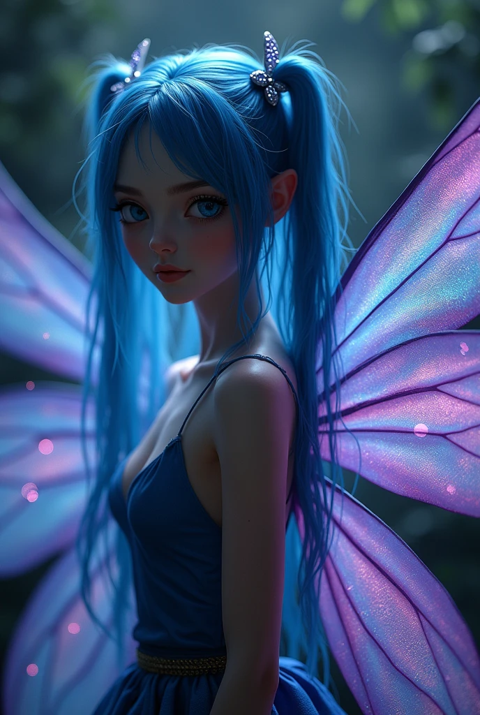 Real fairy with beautiful blue and purple ,pink wings with glitter,Musa a beautiful fairy, Tecna is fairy Musa has a light, almost pale skin tone, dark blue hair and thin dark blue eyes. While initially kept in short pigtails, Musa has let her hair grow out from Season 3 onwards thanks to a spell that lengthened it down to her waist, and has since styled it in many other ways, especially in comparison to the other Winx girls. but make it 1980 dark fantasy movie scene
