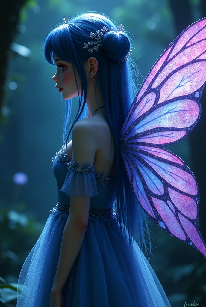 Real fairy with beautiful blue and purple ,pink wings with glitter,Musa a beautiful fairy, Tecna is fairy Musa has a light, almost pale skin tone, dark blue hair and thin dark blue eyes. While initially kept in short pigtails, Musa has let her hair grow out from Season 3 onwards thanks to a spell that lengthened it down to her waist, and has since styled it in many other ways, especially in comparison to the other Winx girls. but make it 1980 dark fantasy movie scene
