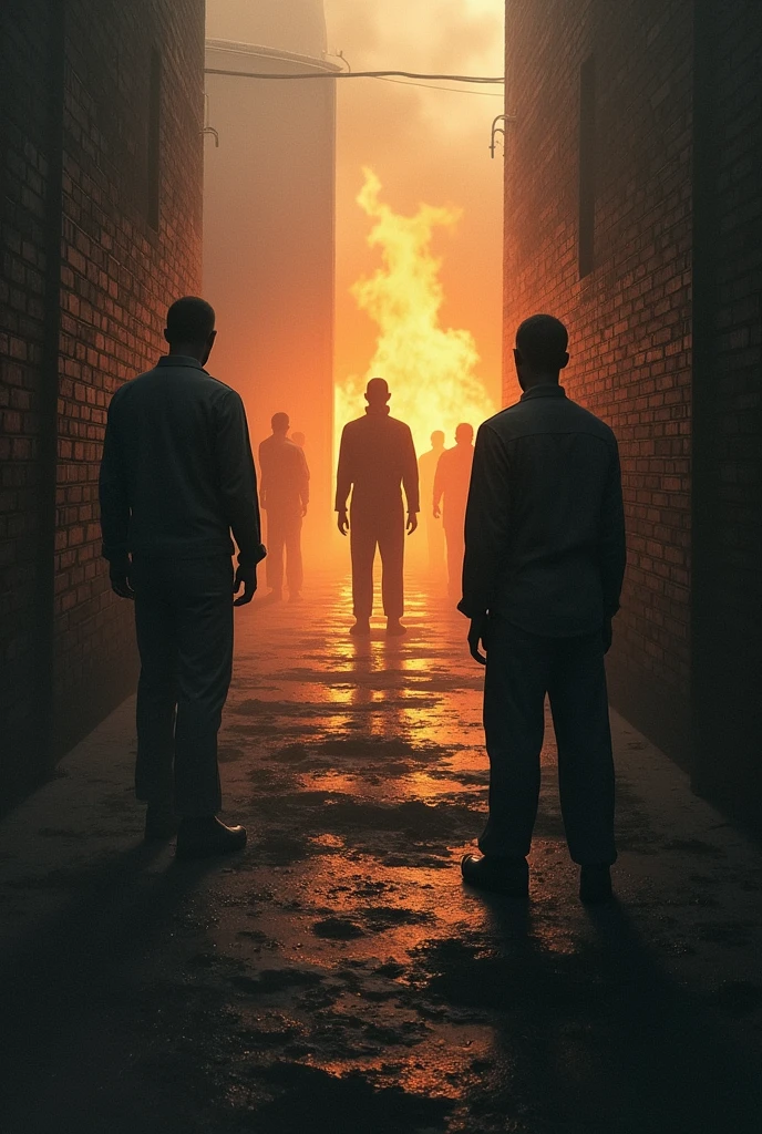 Hello, I want you to represent me 2 prisoners as shadows with a background of people on fire killing a prisoner illuminated by the sun, where a wall divides them