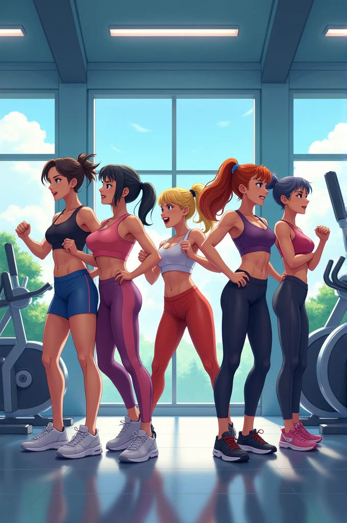 Group of 6 friends at the gym anime 
