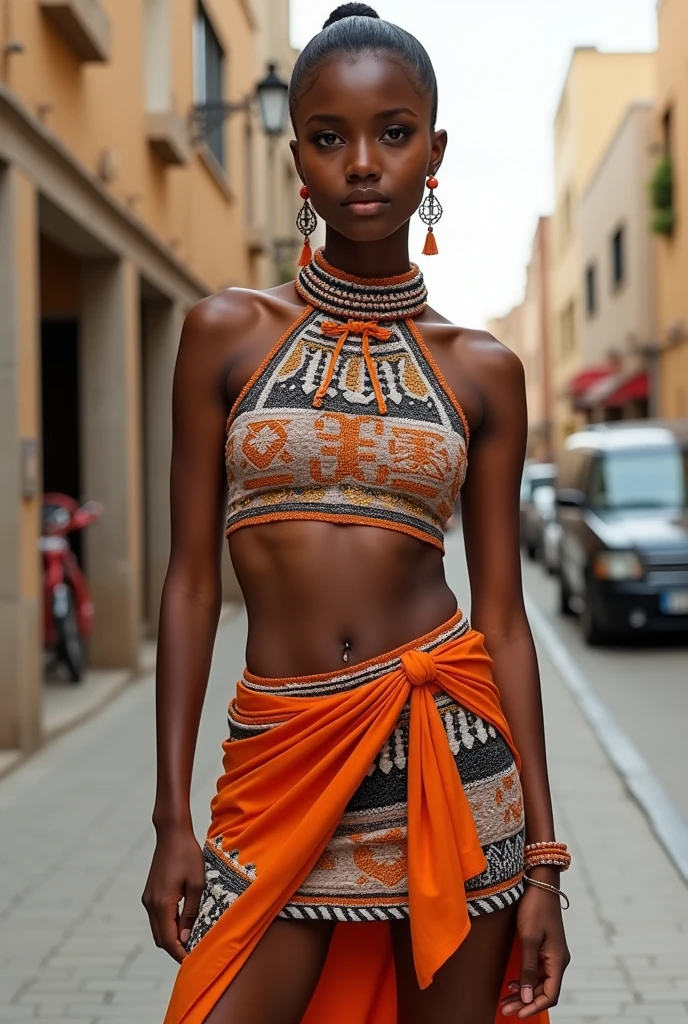 A crop top and short skirt design inspired by current events but representing Guane ceramics in fabric
