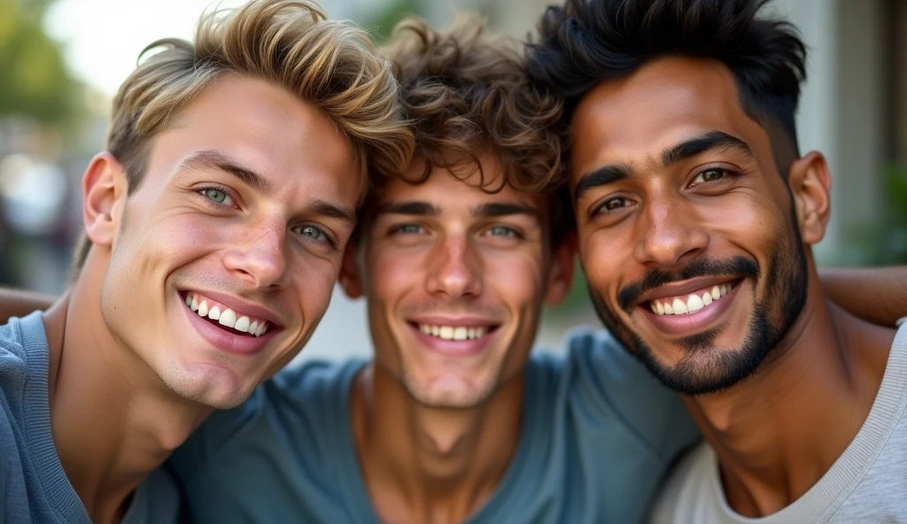 (no beard) 1 young German guy with blond hair and ice blue eyes with a height of 6'5, another young Russian guy with brown eyes and brown hair with a height of 6'1, an young Indian tan guy with brown eyes with a height of 6'2. All teen guys taking a selfie together, fully realistic, no blur, detailed. 