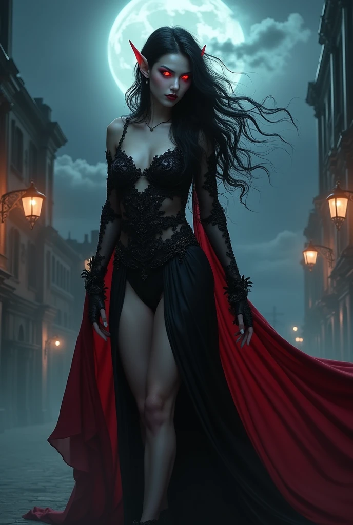 anime comic fantasy art, gothic art, (masterpiece:1.5), full body best details, highly detailed, best quality, Glowing Red, highres, full body portrait of a vampire, elf (Masterpiece, best quality: 1.6), ultra feminine, wizard, (intricate details, Masterpiece, best quality: 1.5) with a long curvy hair, light color hair, (red1.3) eyes, (fantasy art, Masterpiece, best quality), ((beautiful delicate face)), Ultra Detailed Face (intricate details, fantasy art, Masterpiece, best quality: 1.5), [[vampiric fangs 1.5]] (red cloak: 1.3) , flowing cloak (intricate details, fantasy art, Masterpiece, best quality: 1.3), wearing an intricate (black: 1.2) dress (intricate details, fantasy art, Masterpiece, best quality: 1.5), high heeled boots, urban background (intense details, beat details), fantasy, at night light, natural ,moon light, clouds, gothic atmosphere, soft light, dynamic light, [[anatomically correct]], high details, best quality, 8k, [ultra detailed], masterpiece, best quality, (extremely detailed), dynamic angle