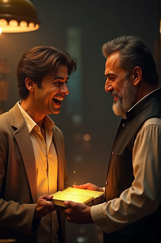 The shopkeeper is handing a golden book to Imran Khan. Imran Khan's face shows a mix of surprise and joy. In the light of the book, there is a mysterious smile on the shopkeeper's face.