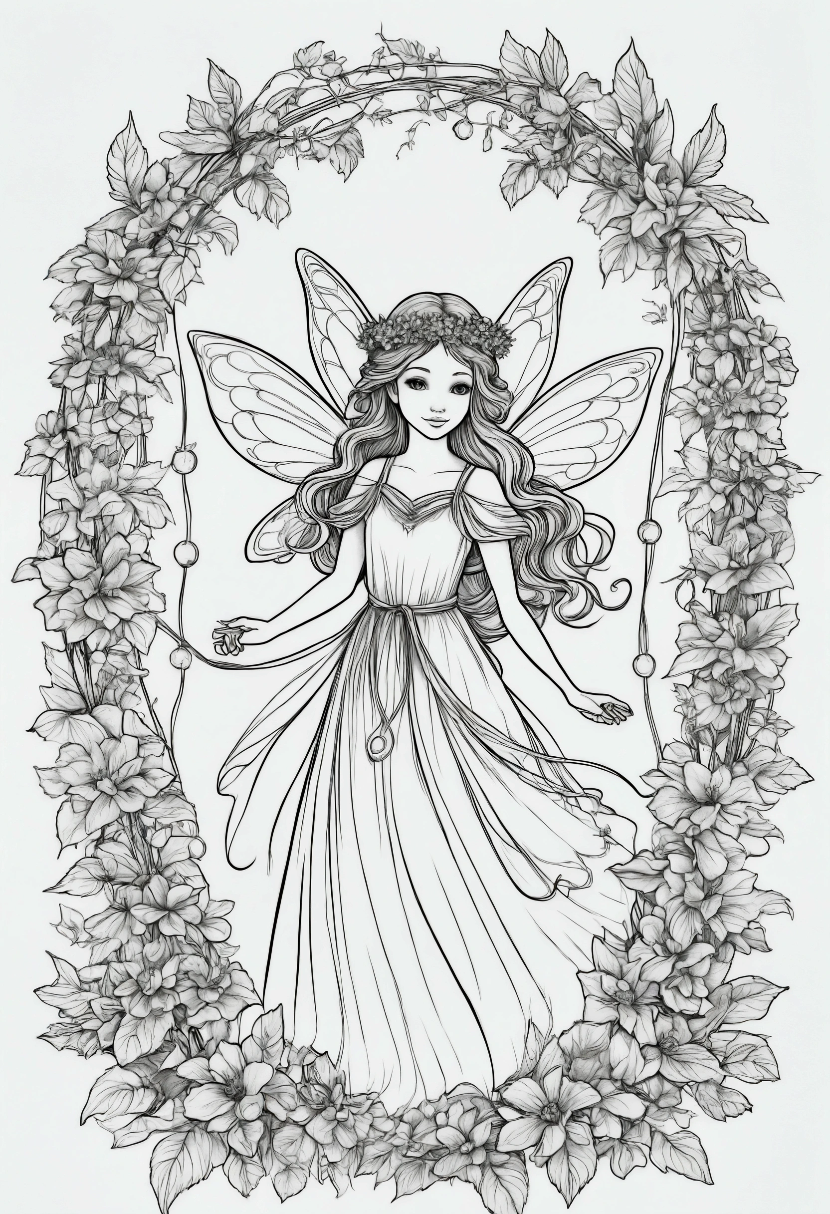A fairy weaving a garland of glowing flowers, for coloring pages, full white, clean line art, children's style, magic forest background, full body, Sketch style, playful style, children's, coloring page, clean line art, white background, coloring page, clean outline