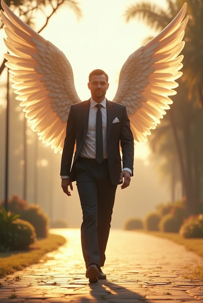 A successful man walking and an angel at his side.