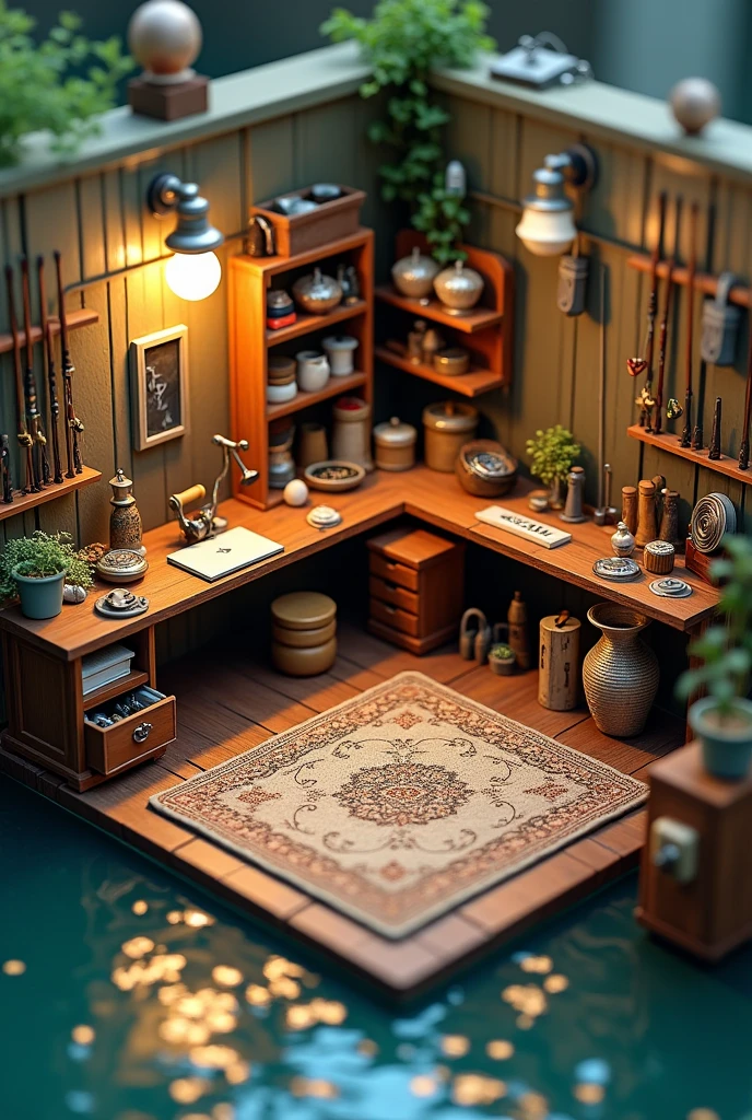 (photorealism:1.2), fishing room collector, miniature layout, isometric view. room is clean and tidy. the room is detail with fishing rots