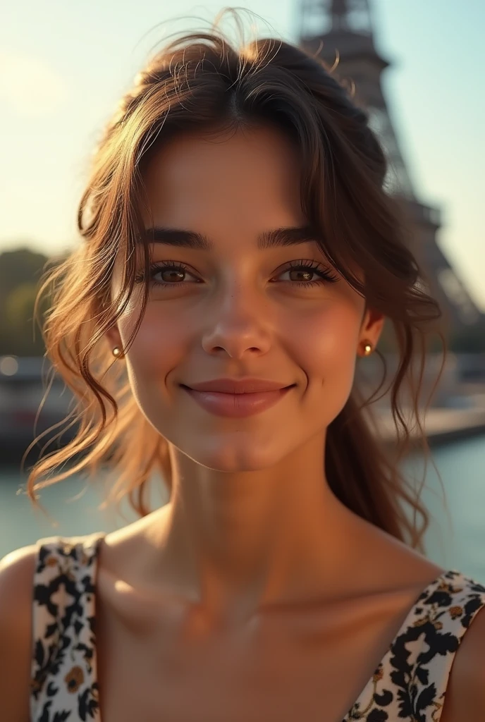 belle femme , photo realistic , a paris , soft lighiting , vibrante couleurs , souriante