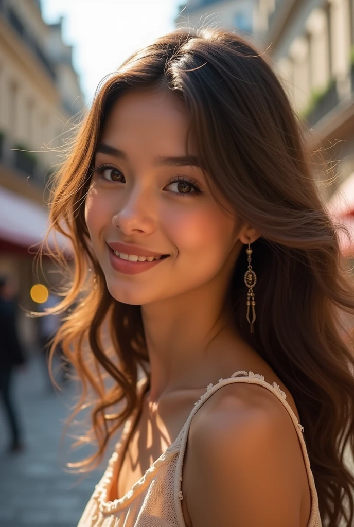belle femme , photo realistic , a paris , soft lighiting , vibrante couleurs , souriante
