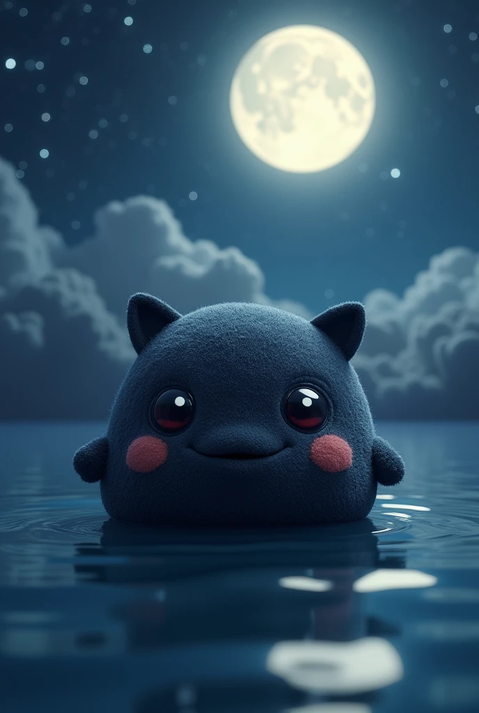 I want a innocent snack with cute eye, real, dark black color, smile face, sitting on water, light lighting, moon light, background is moon, galaxy,