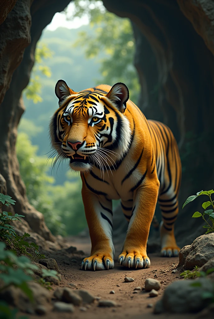 a weak and malnourished yellow tiger, emaciated body, hoarding meat in a mountain cave, cute and realistic style, forest background, (best quality,4k,8k,highres,masterpiece:1.2),ultra-detailed,(realistic,photorealistic,photo-realistic:1.37),HDR,UHD,studio lighting,ultra-fine painting,sharp focus,physically-based rendering,extreme detail description,professional,vivid colors,bokeh,animal portrait,wildlife,nature scenery,dramatic lighting,soft focus,warm tones