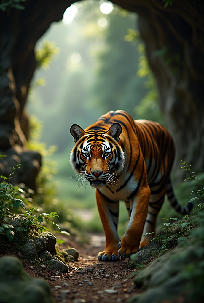 a weak and malnourished yellow tiger, emaciated body, hoarding meat in a mountain cave, cute and realistic style, forest background, (best quality,4k,8k,highres,masterpiece:1.2),ultra-detailed,(realistic,photorealistic,photo-realistic:1.37),HDR,UHD,studio lighting,ultra-fine painting,sharp focus,physically-based rendering,extreme detail description,professional,vivid colors,bokeh,animal portrait,wildlife,nature scenery,dramatic lighting,soft focus,warm tones