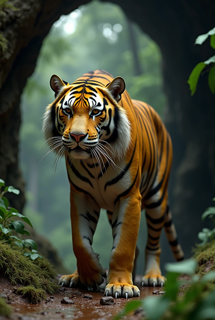 a weak and malnourished yellow tiger, emaciated body, hoarding meat in a mountain cave, cute and realistic style, forest background, (best quality,4k,8k,highres,masterpiece:1.2),ultra-detailed,(realistic,photorealistic,photo-realistic:1.37),HDR,UHD,studio lighting,ultra-fine painting,sharp focus,physically-based rendering,extreme detail description,professional,vivid colors,bokeh,animal portrait,wildlife,nature scenery,dramatic lighting,soft focus,warm tones