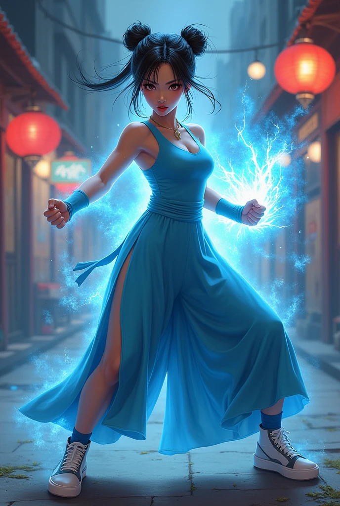 Digital art with soft colored strokes and oil shading. A Chinese fighter, de 25 anos, athletic and muscular physique, sky blue long dress with two high side slits, fighting shoes, aura of bright blue energy pulsing around you, fierce and defiant facial expression, piercing look, clenched teeth, deeply furrowed eyebrows, powerful fighting pose, hair in double buns with some loose strands, Hong Kong street in the background, dramatic night lighting, Art style inspired by Artgerm, detailed digital rendering.