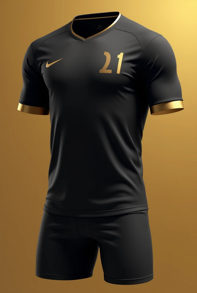 Design a sleek black sports jersey with a minimalist golden gradient effect. The gradient should start at the bottom in deep black and transition smoothly into a rich gold towards the top, creating a sophisticated and stylish appearance. The sleeves should remain in solid black to balance the gradient design. Include a minimalist golden player number on the front and back, maintaining a clean and elegant aesthetic.