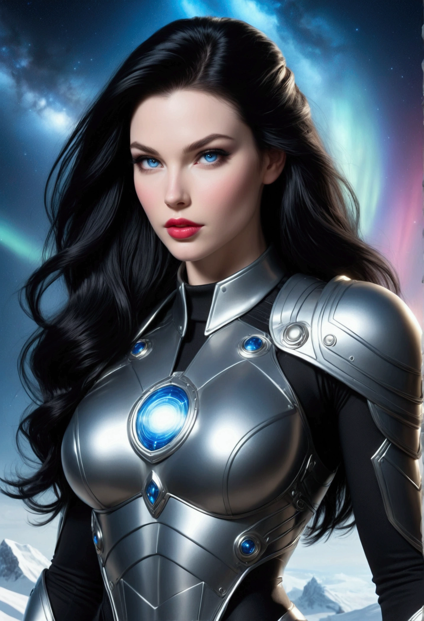 BEAUTIFUL BOMBSHELL BLACK HAIR VALKYRIE, VERY PALE SKIN, VERY SOFT SKIN, HUGE LONG BLACK HAIR, STRAIGHT HAIR, VERY VOLUMOUS HAIR, EXPRESSIVE BLUE EYES, HIGH CHEEKBONES, ROSY CHEEKS, MENTAL FORAMEN, GORGEOUS LIPS, SOFT LIPSTICK, PERFECT TEETH, LOVELY FACE EXPRESSION, VOLUMOUS BREASTS, ROSY NIPPLES, ELEGANT STRONG ATHLETIC BODY, MUSCLES, SOFT MUSCLES, FULL BODY SHOT, SILVER BLUE BODUSUIT, SILVER GAUTLETS, SHIELD, MIDDLE SHOT, ANGLE, OUTERSPACE SHOT, NORTHERN LIGHTS, DIFFUSED LIGHTS, BALANCED LIGHTS ON FACE, MITHOLOGY, OUTERSPACE BACKGROUND, MASTERPIECE , HIGH DETAILED IMAGE