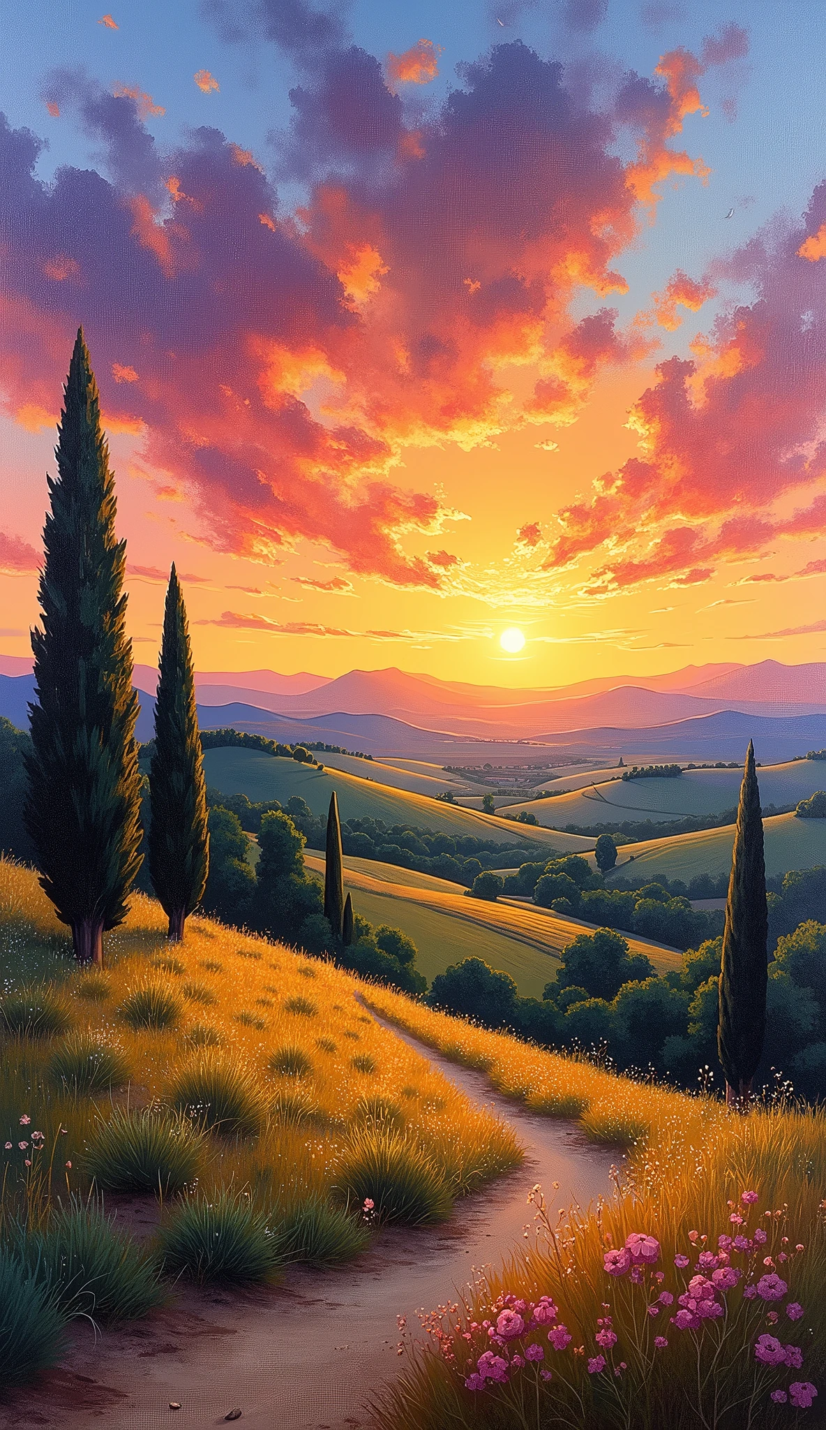 impressionist painting on canvas, sunset in Provence, in the style of impressionist masters, warm colors, delicate brushstrokes