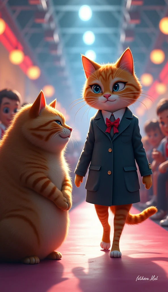  Fat cat is excited to see his kitty model the new school uniform during the fashion event.