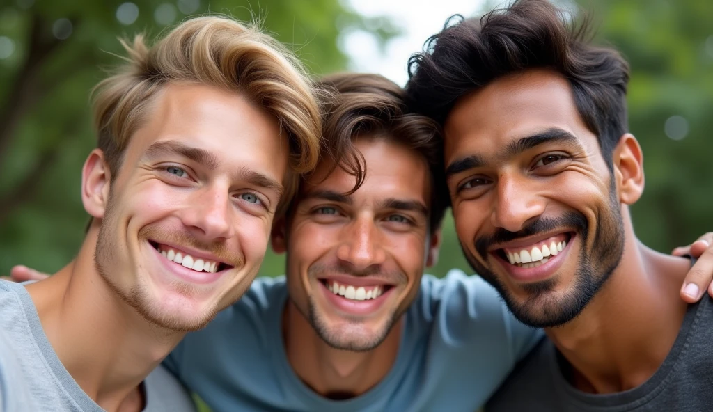 (no beard) ung German guy with blond hair and ice blue eyes with a height of 6'5, another young Russian guy with brown eyes and brown hair with a height of 6'1, an young Indian tan guy with brown eyes with a height of 6'2. All teens taking a selfie together, fully realistic, no blur, detailed.