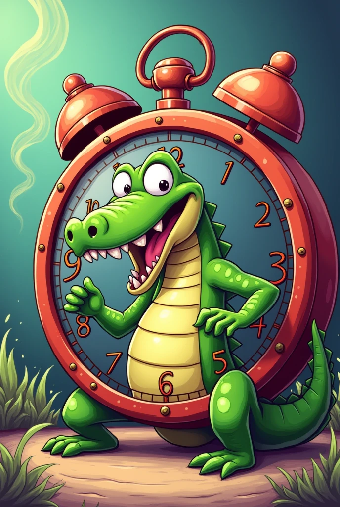 Cartoon of a clock with a crocodile inside simulating the hands of the clock