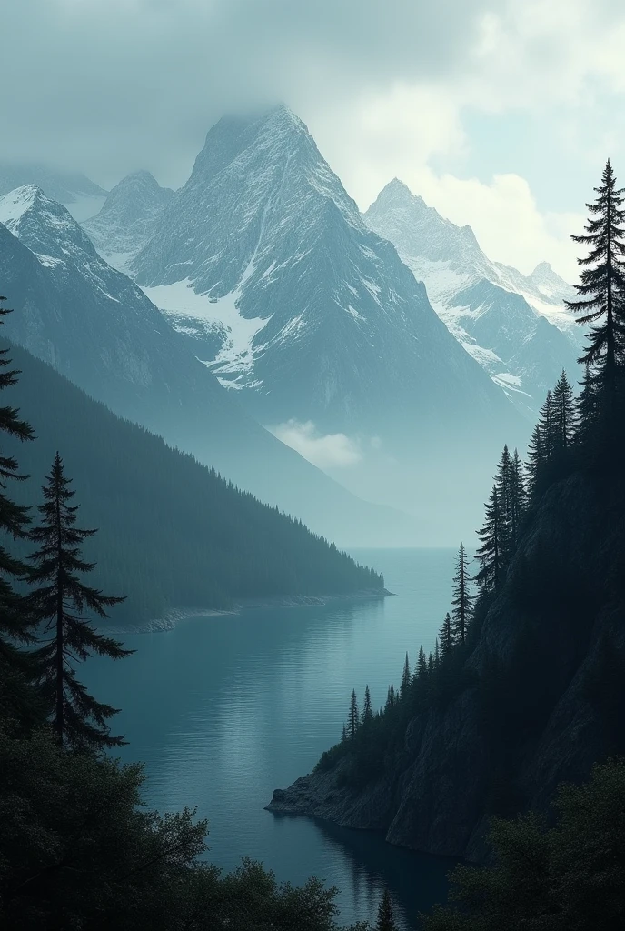 create an image with black colors, dark blues and greens,  that it is a natural mountain-style landscape with a sea in the background 