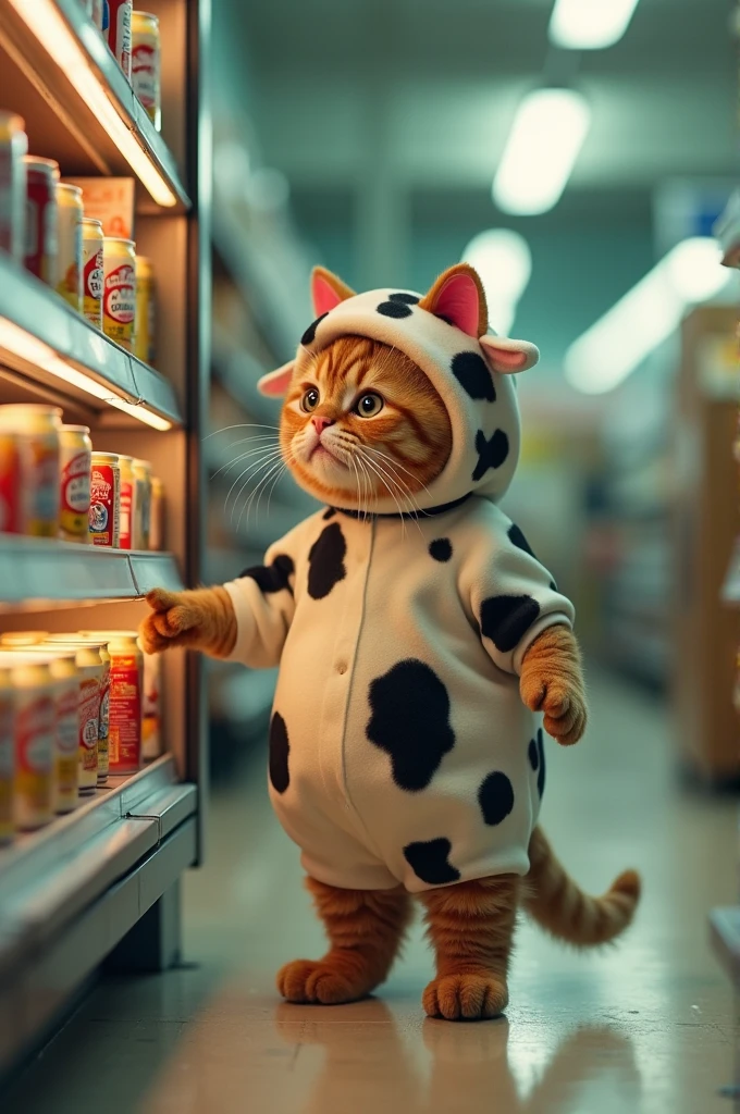 a cat that is standing in front of a shelf, food advertisement, malaysian, made in 2019, campy. cow costume with udders, scottish fold, getting groceries, still from l'estate, very cute and childlike, dystopia, cute characters, security, 2019, awestriking
