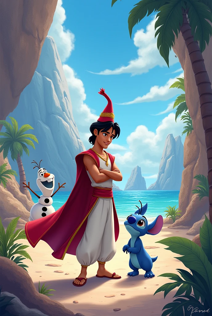 Design a background with features from the Frozen movies,Aladdin and Lilo and Stitch(desert, snow and beach). Add the character of Aladdin, olaf y stich