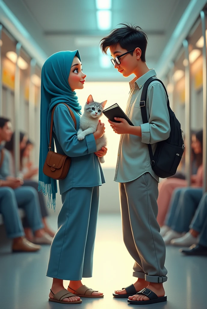 Une fille avec hidjab stylé bleue ciel aux yeux vert miel, avec une veste et une jean et des baskets, prend un chaton blanc et gris et ragarde son amoureux.
Son amoureux a une tête rectangle, cheveux rasés et porte des lunettes carrées avec des SANDALES noires, un pantalon large gris et une chemise et il lit un livre sur l'électronique
Je précise il porte une CHEMISE chemise
il est débout avec des sandales
Dans un métro