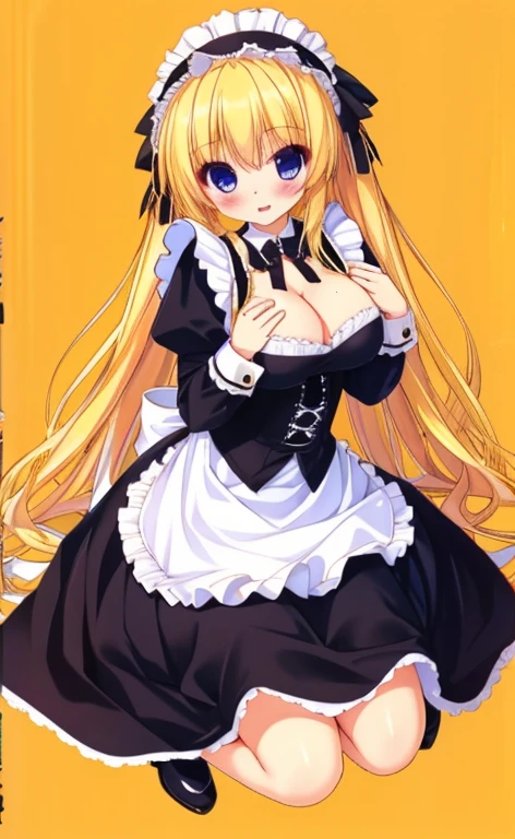 Beautiful long blonde Embarrassing Girl in black maid outfit Long sleeve Long skirt Small living full body With both hands together