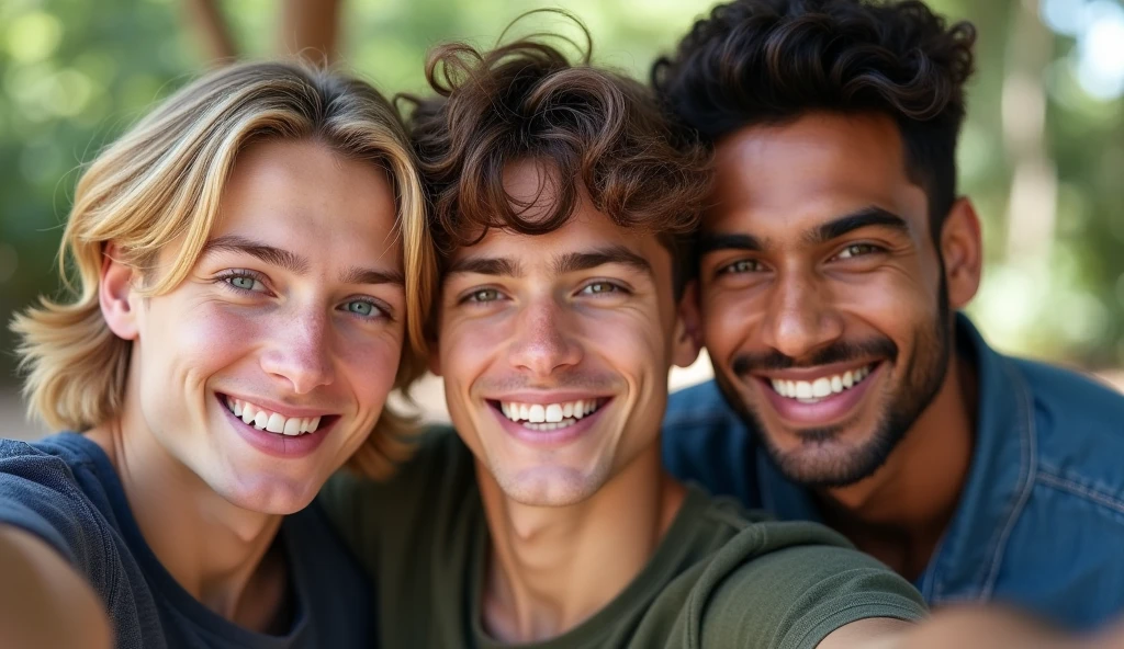 (no beard) ung German guy with blond hair and ice blue eyes with a height of 6'5, another young Russian guy with brown eyes and brown hair with a height of 6'1, an young Indian tan guy with brown eyes with a height of 6'2. All teens taking a selfie together, fully realistic, no blur, detailed.