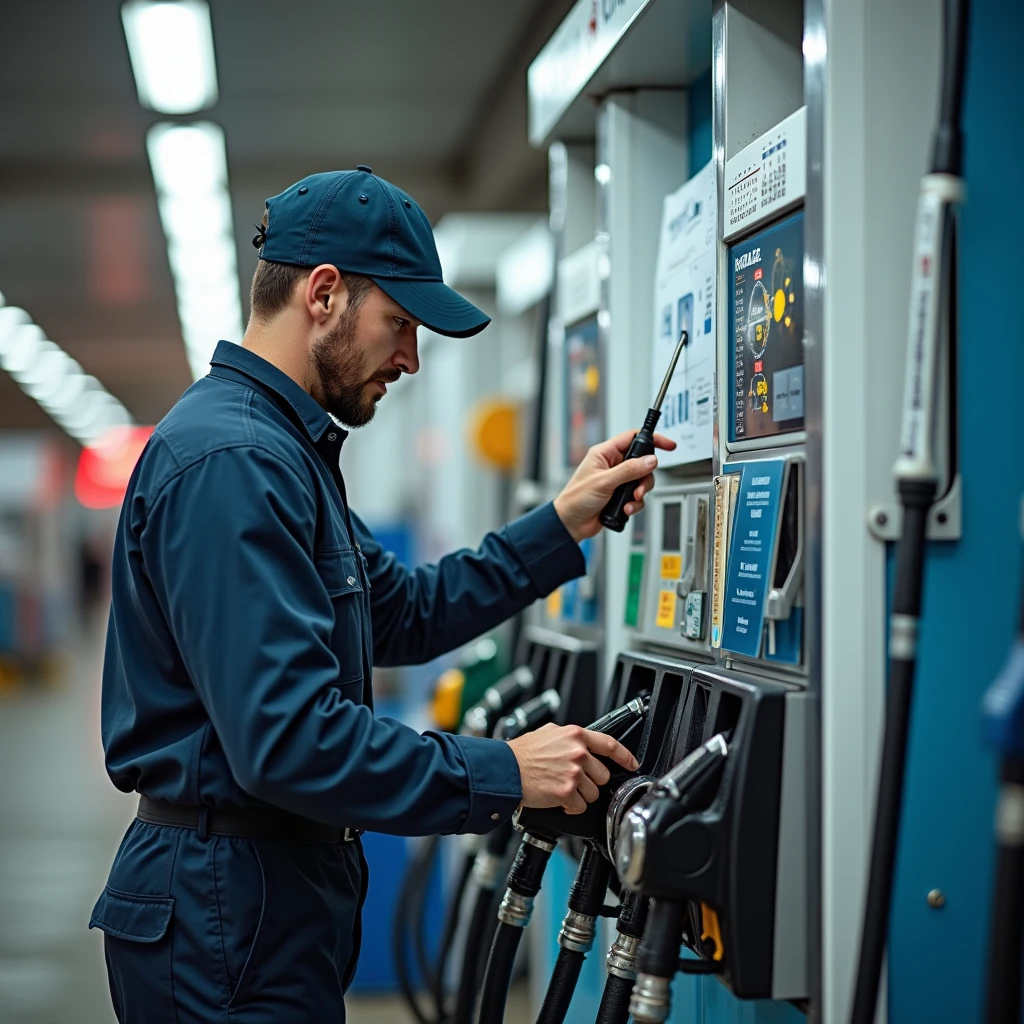 A specialized technician performing maintenance at a service station. Technician is checking or calibrating a dispenser or tanks with tools in hand. 

It is sought that attention be focused on the action of maintenance, which is what is wanted to highlight.. You can use graphics or superimposed images as tools, calendars or symbols that represent fulfillment