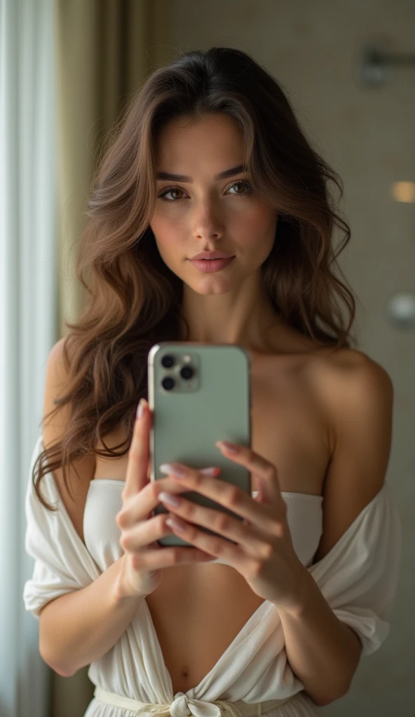 A Young female, white & glow skin, Brown long wavy open hair, Wearing loose modest, taking mirror selfie, Sultry Glance, iPhone, athletic body type, perfect breast1, with a simple smile, light makeup, realistic picture, Ultra high quality textures. High detail. 8k resolution. bathroom background.