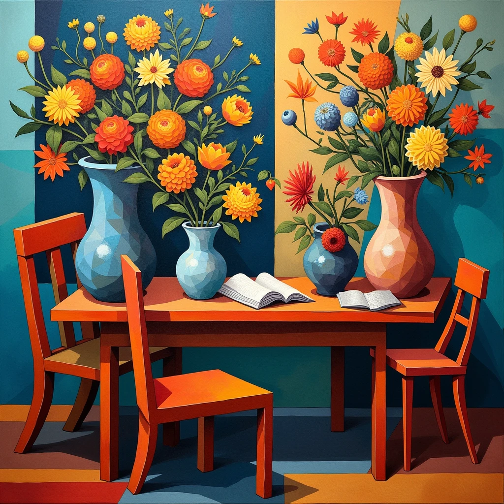 Geometrically deconstructing and reconstructing motifs from multiple perspectives, flowers, vases, desks, chairs, cubist masterpieces, oil paintings, high resolution, Picasso style