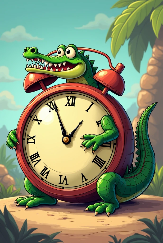 Cartoon of a clock with a crocodile inside simulating the hands of the clock