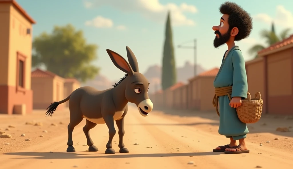 Washerman is a male, 40 years old with dark brown eyes, curly hair. He looks indifferent, wearing a blue-themed shirt and pants with brown sandals, watching as his donkey struggles to walk. In the background, a dusty village road with sparse trees. The donkey appears weak and frail, stumbling as it walks. Pixar 3D style.