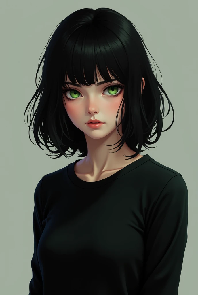 Girl with 3a black hair and green eyes wearing a black long sleeve t-shirt
