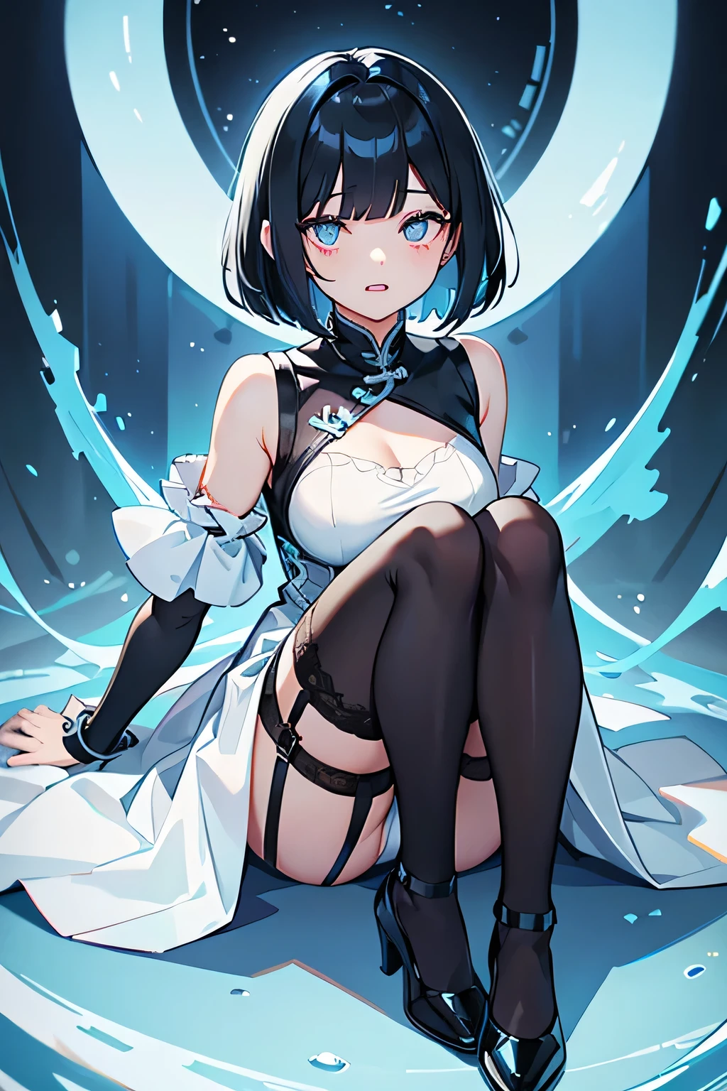 Above shoulder bob hair、Trimmed bangs、whole body、Light blue inner color、Black Hair Color、Droopy eyes、Silver eye、Double teeth、China dress、 Black shoes、whole body図、One Woman、garter belt、Character Portrait
