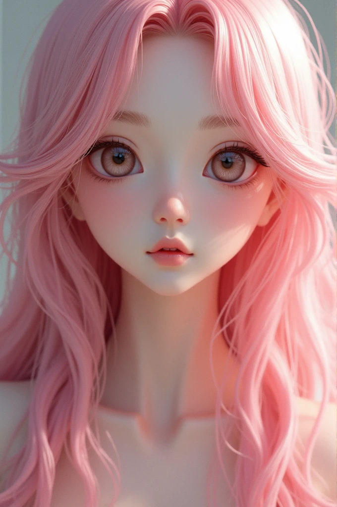 A very pretty young japanese woman with long pink hair. Her skin is very pale and her cheeks are round and rosy. 