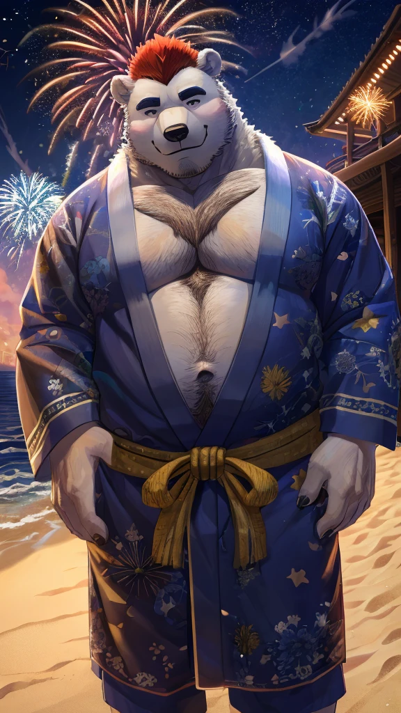 (8k),(masterpiece:1.2),(cinematic lighting),((plump:1.4)),fireworks in the night sky,yukata,polar bear,Beastman,red mohawk,hairy,sly smile,details,black,Blue,white,chubby cheeks,(small eyes:1.1),(looking at viewer:1.1),beach with a long pier,darkness