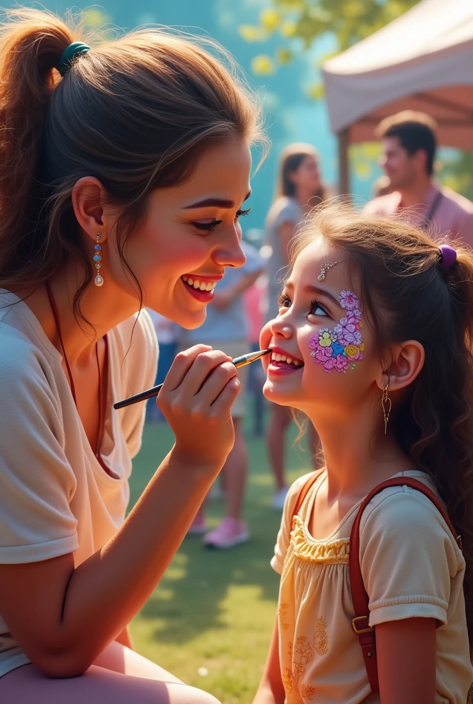 animation of a young woman with long hair, with straight bangs, She has a nose ring and lots of tattoos. He is of medium build, She is sitting on a chair wearing a multi-colored t-shirt and has a box of paints and brushes next to her.. The woman is painting on the cheek of one of the children sitting in front of her, She looks very focused. It's a festive atmosphere, There are balloons and the children wait their turn